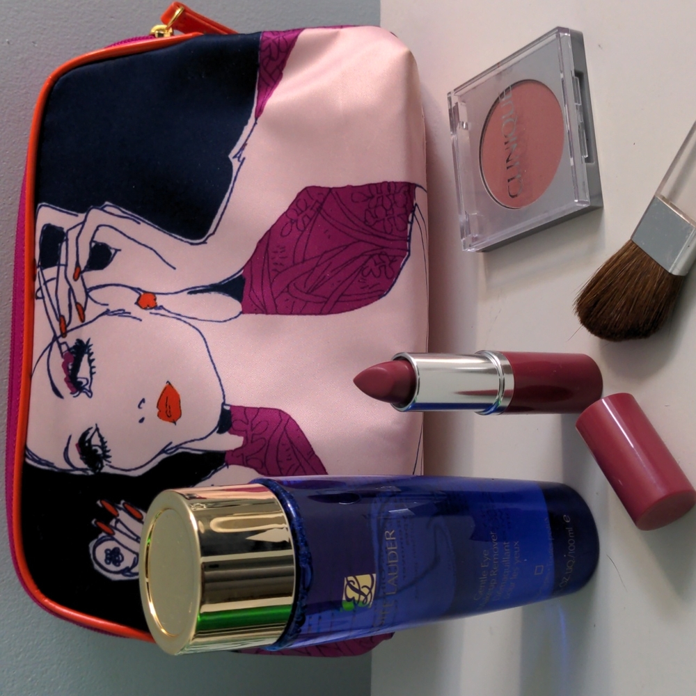 Makeup Bag with Clinque Blush and Lipstick and EsteeLauder Makeup Remover NWOT